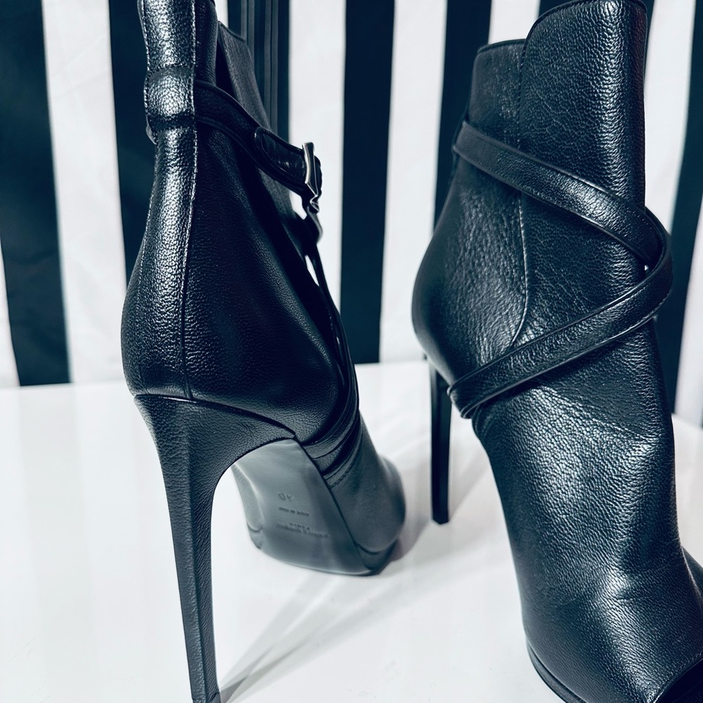 SAINT LAURENT Paris Black Leather Peep Toe Platform Heeled Ankle Booties - Picture 2 of 8